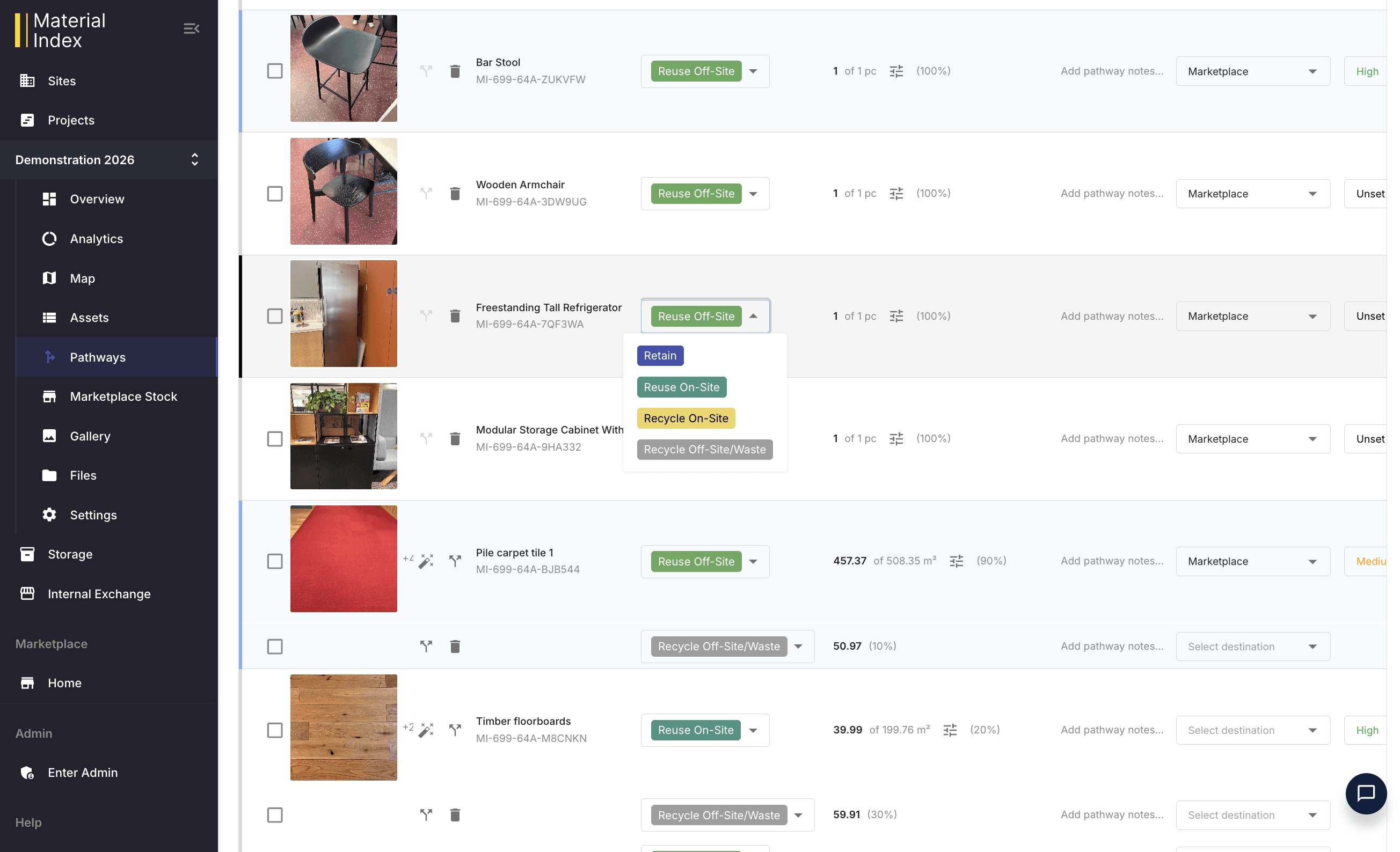 Material Index platform on desktop — pathways and materials
