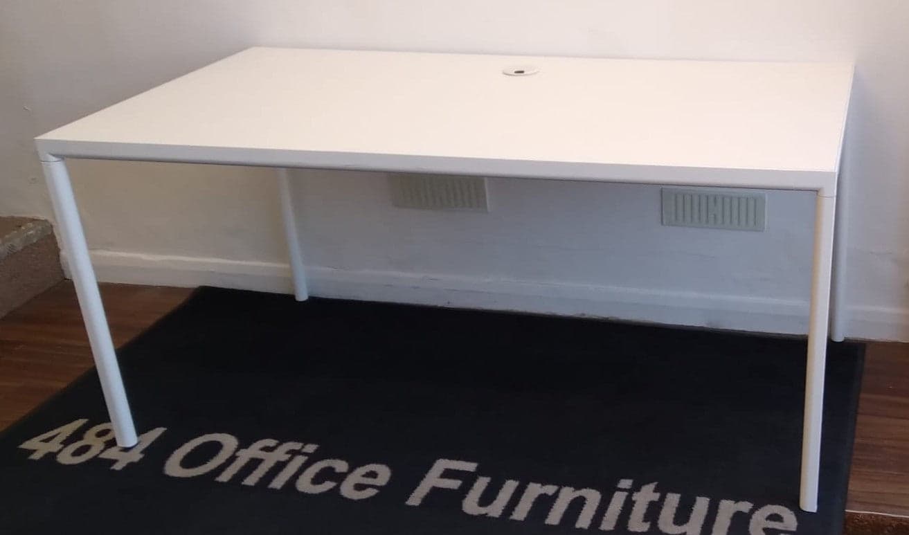 White 1600mm by 800mm stright desks with pole legs
