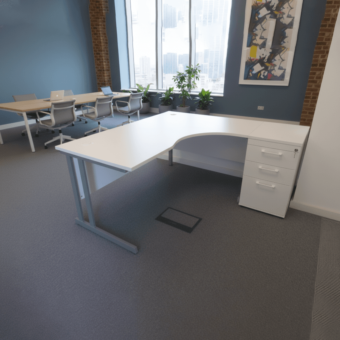 End Of Line White Radial Desk + Pedestal